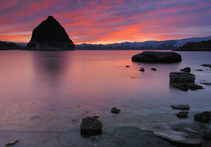 Pyramid Island and Pyramid Lake at sunset. Pyramid Lake is one of the best fishing spots in western Nevada