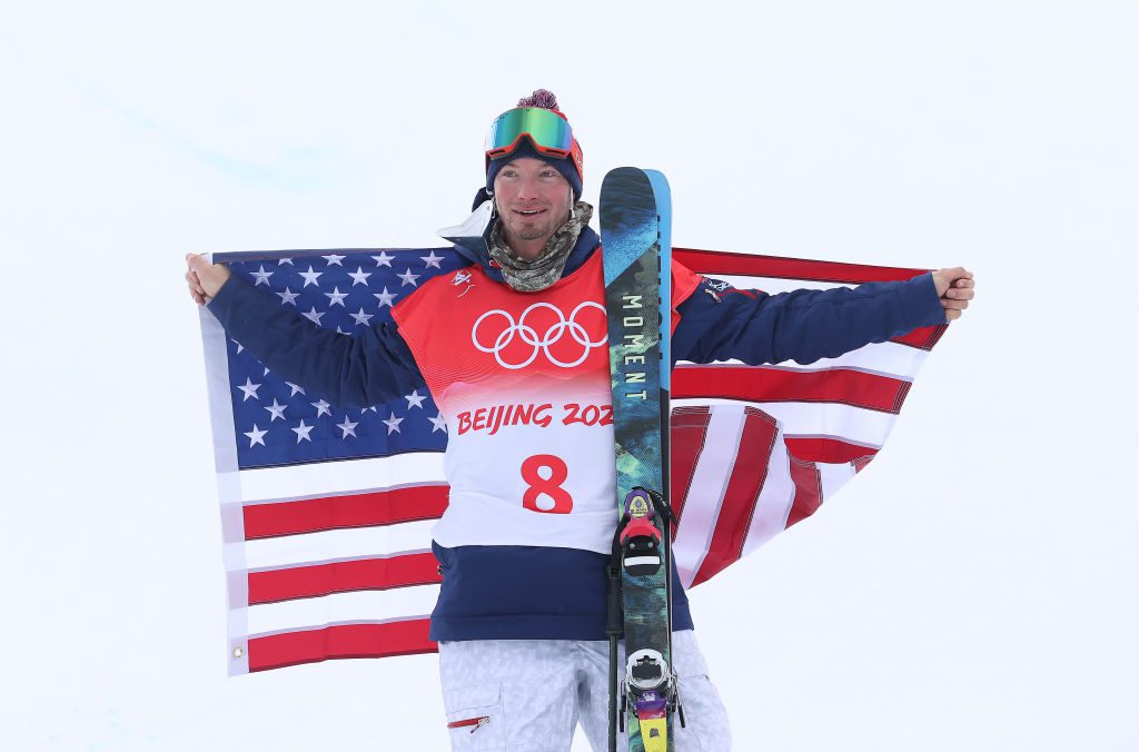 ZHANGJIAKOU, CHINA - FEBRUARY 19: Silver medallist David Wise of Team United States celebrates during the Men's Freestyle Skiing Halfpipe flower ceremony on Day 15 of the Beijing 2022 Winter Olympics at Genting Snow Park on February 19, 2022 in Zhangjiakou, China. (Photo by Ian MacNicol/Getty Images)