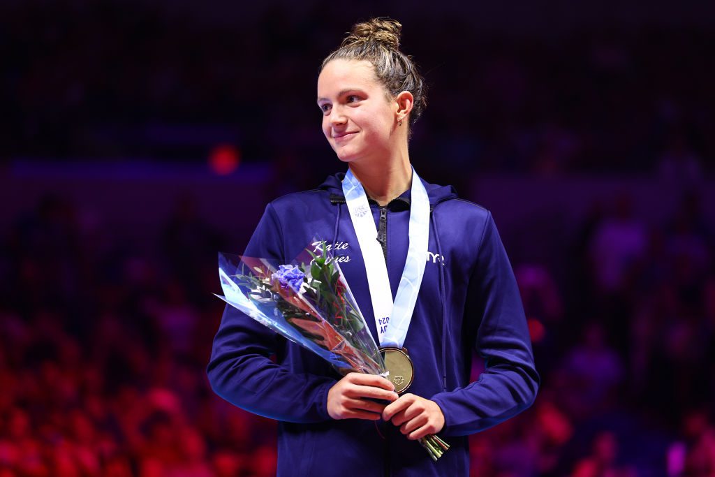 INDIANAPOLIS, INDIANA - JUNE 17: Katie Grimes of the United States reacts during the Women's 400m individual medley medal ceremony on Day Three of the 2024 U.S. Olympic Team Swimming Trials at Lucas Oil Stadium on June 17, 2024 in Indianapolis, Indiana. (Photo by Sarah Stier/Getty Images)