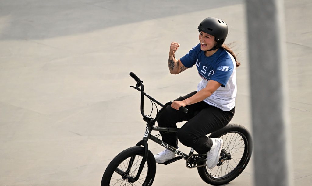 USA's Perris Benegas reacts after placing second in the Cycling BMX Freestyle Women's Park Final of the Olympic Qualifier Series 2024 at the Ludovica Campus of Budapest, Hungary on June 22, 2024. (Photo by Attila KISBENEDEK / AFP) (Photo by ATTILA KISBENEDEK/AFP via Getty Images)