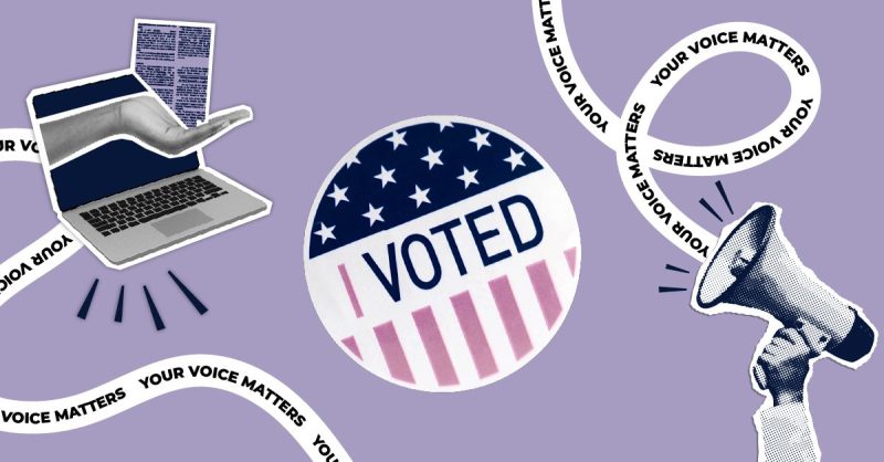 I Voted sticker on a branded elections background.