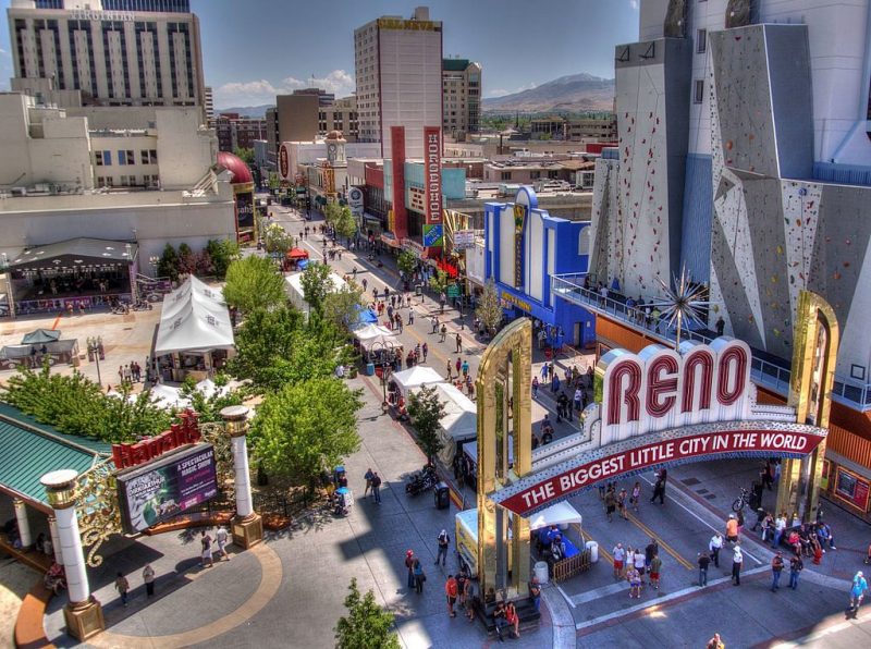 Overhead shot of Reno street and welcome sign.