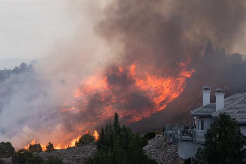 Flames engulf the vegetation surrounding residential neighborhoods as the Pinehaven Fire burns on November 17, 2020 in Reno, Nevada. (Photo by Trevor Bexon/Getty Images)