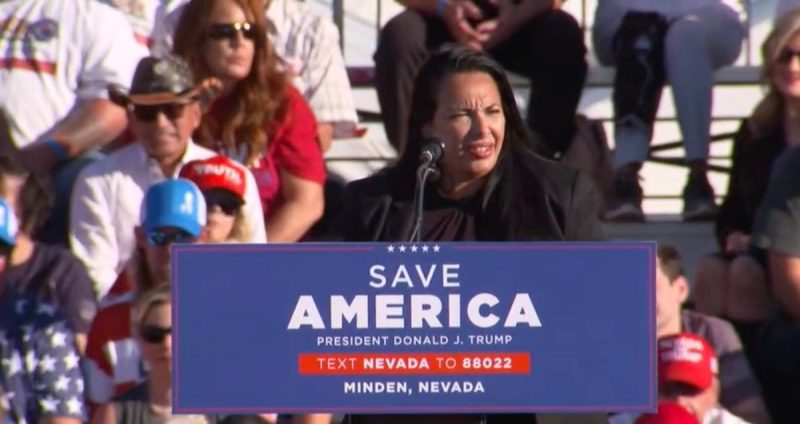 Sigal Chattah speaking at a Donald Trump rally in Minden in 2022. (C-SPAN screengrab)