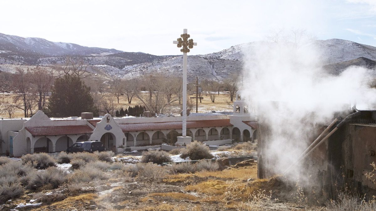 Steam rises from the steamboat at Hot Springs